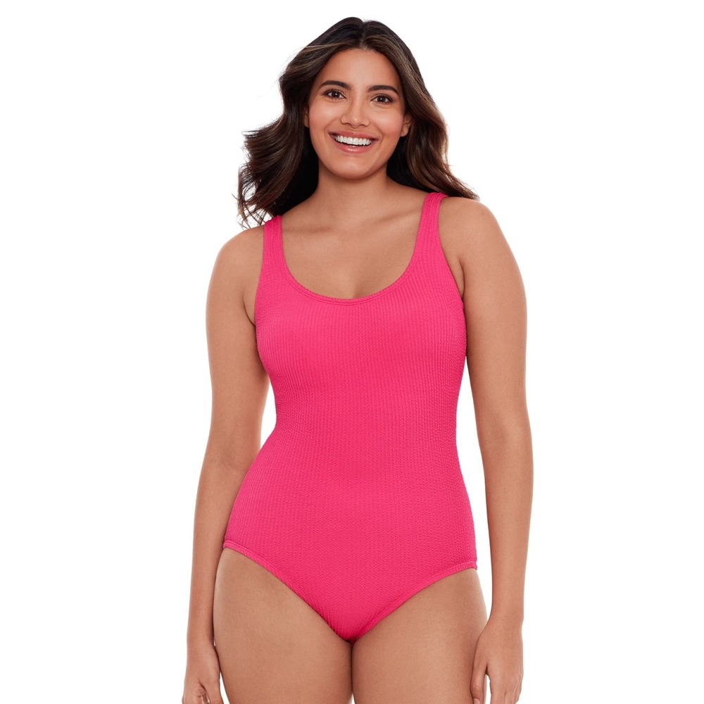 NWT Time and Tru Swimsuit Womens 1X Pink Textured Crinkle One Piece Scoop Neck